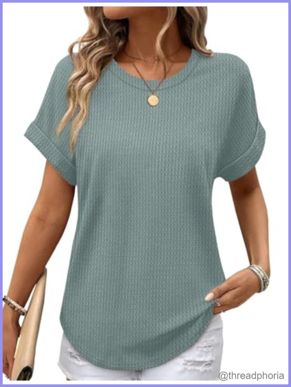 Waffle Knit Rolled Short Sleeve Crew Neck T-Shirt Loose Fit Curved Hem